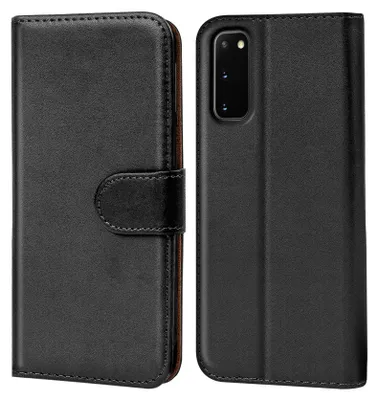 A black flip case for a Samsung Galaxy S20 phone, shown from the front and back.