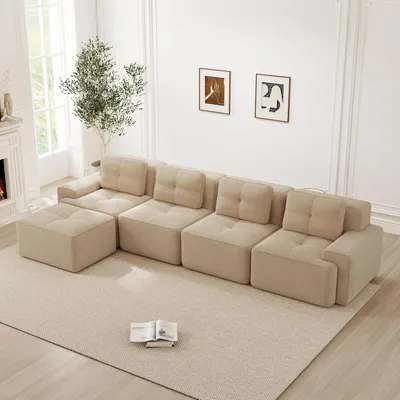 Produktbild von Modulares Ecksofa L-Form mit Chaiselongue, 4-Sitzer Corduroy-Wohnzimmersofa, Tiefsitz-Polstersofa, montagefrei & rutschfest