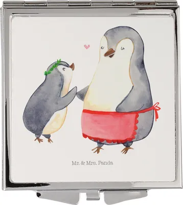 Produktbild von Mr. & Mrs. Panda Schminkspiegel Pinguin mit Kind - Weiß - Geschenk, Mom, Handspiegel, Kosmetikspiegel, Muttertag, Familie, Mama, Frauen Spiegel, Mutter, Reisespiegel