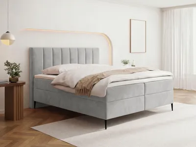 Produktbild von Boxspringbett mit Bettkasten – Polsterbett 180 x 200 cm mit H4 Taschenfederkern 7-Zonen Matratze & 5 cm Topper – Stauraumbett mit hohem Kopfteil & Metallfüße – Samt Velours Hellgrau, Grau