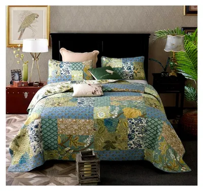 Produktbild von Patchwork Tagesdecke aus Baumwolle, Bettüberwurf für Doppelbetten, Vintage Sommerdecke, Wendedecke mit Kissenbezügen, Gesteppt und Wattiert (Blau-Grün, 230x230cm)