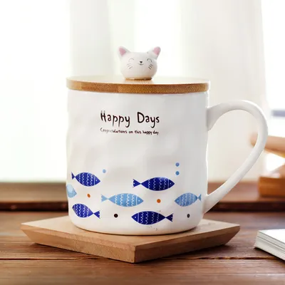 Produktbild von 360Home Cartoon Keramikbecher mit Deckel und Rührlöffel C-yuqunhuanyou