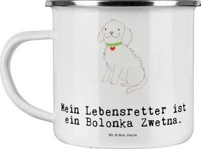 Produktbild von Mr. & Mrs. Panda Teetasse Bolonka Zwetna Lebensretter - Weiß - Geschenk, Emaille Becher, Reisebecher, Teebecher, Tasse, Pott, Tsvetnaya