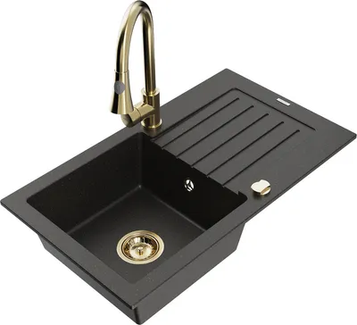 Produktbild von Mexen Pablo 1 Becken-Granitspüle mit Abtropffläche und Mischbatterie Elia, Schwarz/Gold metallisch - 6510-75-670101-50