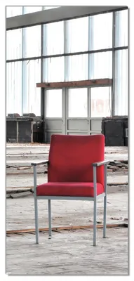 Produktbild von Wallario selbstklebende Türtapete 100 x 220 cm - Stille und Leere - ein einsamer roter Stuhl in einer alten Halle - Abwischbar, rückstandsfrei zu entfernen