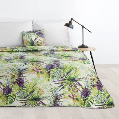 Produktbild von Eurofirany Tagesdecke 200x220 cm weiß grün Mikrofaser Botanisch Deko