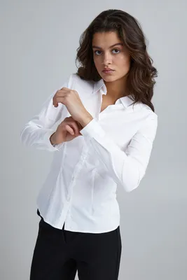 Produktbild von ICHI IHDIMA SH Damen lange Bluse Langarm Klassische Bluse mit Hemdblusenkragen Classic Fit tailliert Langarm mit Knopfleiste abgerundeter Saum Businessbluse