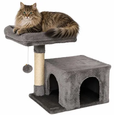 Image de lionto Arbre à chat 50 cm, arbre à chat peu encombrant, recouvert de peluche, balle de jeu & tige en sisal, pour chatons & jeunes animaux, gris foncé
