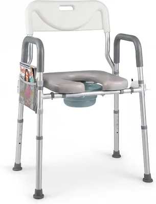 Produktbild von 3 in 1 Toilettenstuhl für Senioren, 5-fach höhenverstellbar, Nachtstuhl mit abnehmbarem Eimer, gepolsterter Sitzfläche, Armlehnen & Rückenlehne, Erhöhter Toilettensitz, Duschstuhl, Weiß