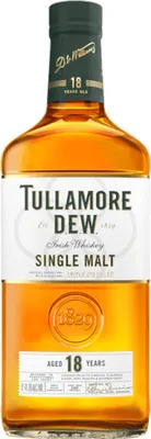 A bottle of Tullamore D.E.W. 18 Years Single Malt Irish Whiskey.