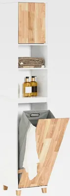 Produktbild von Badezimmerschrank mit Wäschekorb – Badschrank Hochschrank, schmaler Wäscheschrank mit Wäschekorb, Badregal stehend für kleine Bäder, Weiß-Natur, 31x170x32cm, BZR74-W