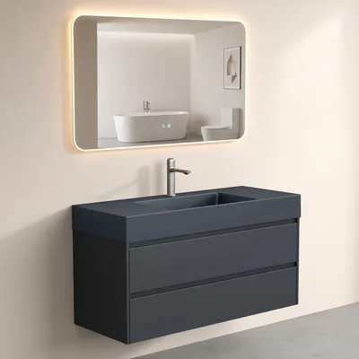 Produktbild von doporro Badmöbel Set mit Waschtisch Badezimmer Unterschrank Wandmontage Waschbeckenunterschrank Matt Anthrazit 120x48x63cm inkl. Waschbecken aus Mineralguss und LED-Badpiegel Deep