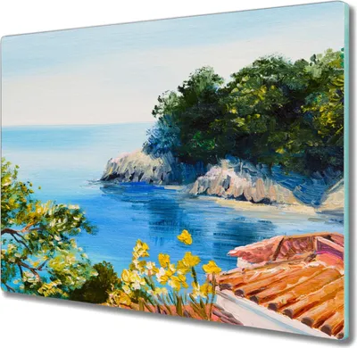 Produktbild von Coloray Herdabdeckplatte 60x52 cm Schneidebrett Kochplattenabdeckung Küchenbrett Hackbrett - Bäume Meer Himmel