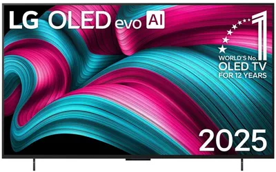 A television screen displaying a colorful abstract pattern, with branding and marketing text overlaid.