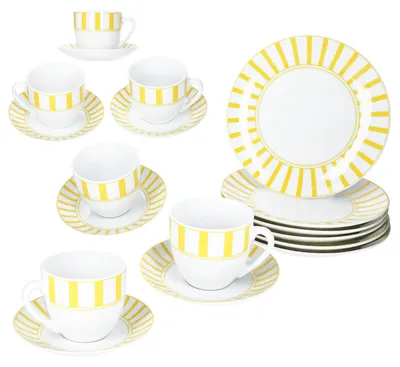 Image de 18pcs Service à café Split jaune rayé Porcelaine 6 pers Tasse Soucoupe Assiette rayée