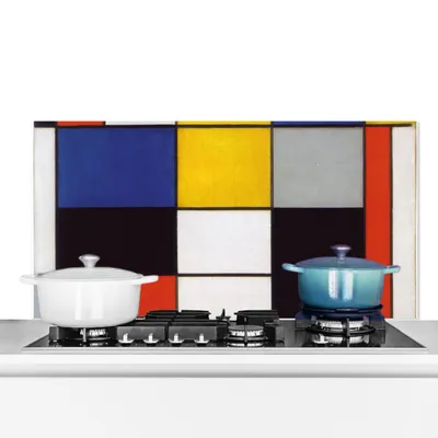 Produktbild von KitchenYeah®  Spritzschutz Küche - Küchenrückwand - Wandschutz für Herd und Spüle - Komposition A - Piet Mondrian 120x60 - Alu-Dibond (Alternative zum Spritzschutz aus Glas) - Hitzebeständig - Herdspr