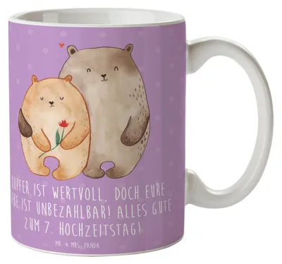 Produktbild von Mr. & Mrs. Panda Tasse 7. Hochzeitstag Kupferhochzeit - Lavendeltraum - Geschenk, Liebe, Henkeltasse, Kaffeetasse, Beziehung, wertvoll, schöne, kakaobecher, Heirat