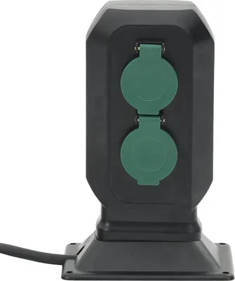A black outdoor power outlet with two green covered sockets.