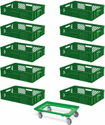 Produktbild von 10 Euroboxen, 600x400x150 mm, lebensmittelecht, grün + 1 Transportroller