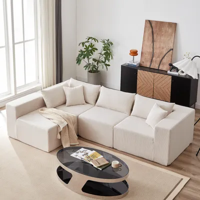 Produktbild von Modulares L-förmiges Ecksofa aus Cord, 264 cm lang, s Bodensofa-Set,4-teilig gepolsterte Innenmöbel, schaumstoffgefülltes, komprimiertes Sofa