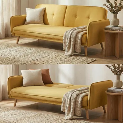A yellow sofa bed is shown in two configurations, set up as a sofa and as a bed, in a living room setting.