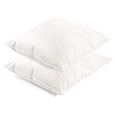 Two white pillows stacked on a white background.