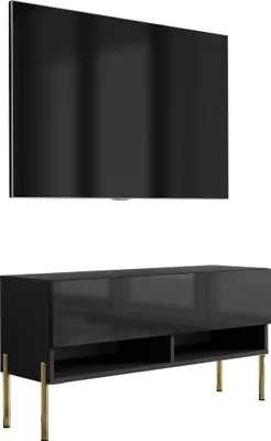 Obrázek produktu pro TV dolní skříňka 100 cm matná černá / lesklá černá, rovné zlaté nohy, 100 × 32 × 52 cm