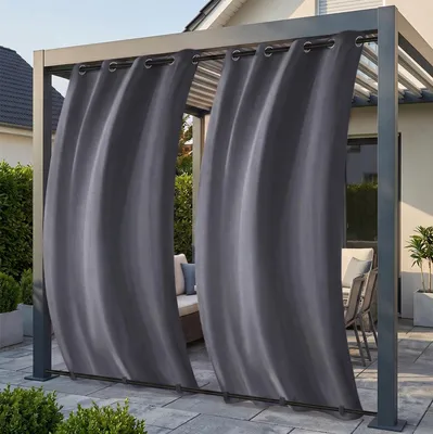 Produktbild von Outdoor Vorhang Wetterfest Sonnenschutz, Vorhänge mit Ösen und Unten Schlaufen Gardinen für Balkon Terrasse Pavillon, 2 Stück, Dunkelgrau, B132xH213cm