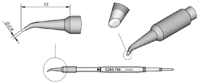 Obrázok produktu pre JBC spájkovací hrot série C245, okrúhly tvar, C245748/Ø 0,6 mm, zahnutý, skosený C245748