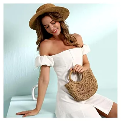 Produktbild von Stroh Strandtasche für Frauen, Sommer handgewebte Tote Bags Geldbörse mit Quaste, Top Griff Stroh Handtasche Clutch