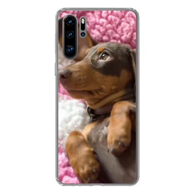 Produktbild von MuchoWow® Handyhülle Schutzhülle Hülle für Huawei P30 Pro Ein Dackelwelpe auf einer rosa Decke Silikon Softcase Handy Hülle - Schutzdeckel