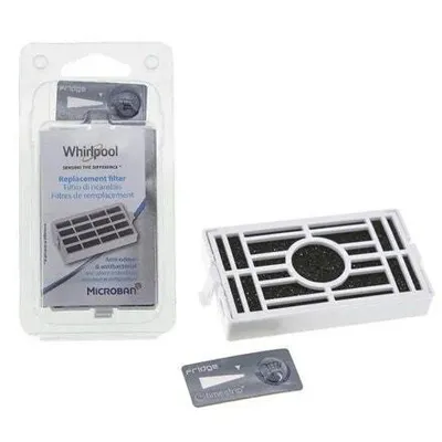 A product shot of a Whirlpool refrigerator air filter and its packaging, along with a replacement indicator.
