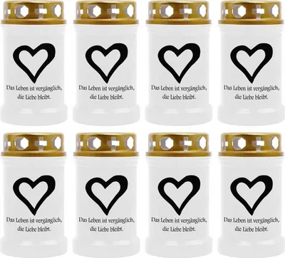 Produktbild von Grabkerze Weiß 8er Pack, Brenndauer: 40 Stunden ( je Kerze ), Motiv: Herz