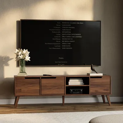 Image de Armoire TV NOREL 180 cm - Buffet moderne en noyer Warmia avec 3 portes et étagères ouvertes