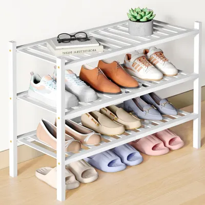 Produktbild von Schuhregal Bambus 3 Ebenen Weiß Stapelbar Platzsparend