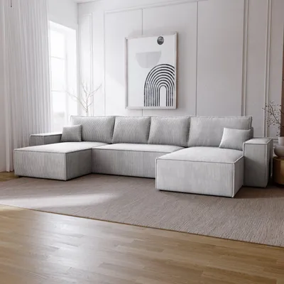 Image de Canapé d'angle Bergamo en U avec fonction sommeil - Canapé d'angle 375 cm avec coffre de lit, tissu velours côtelé gris clair (Poso 55)