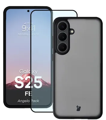 Produktbild von Schutzhülle + gehärtetem Glas Bizon Angelo Pack für Galaxy S25 FE, Getönte mit schwarzem Rahmen