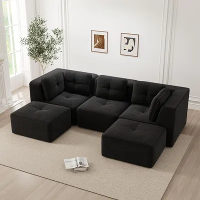 Productafbeelding van STILVORA: Hoekbank zonder frame, in U-vorm, met ottoman. Modulaire bank met flexibel combineerbaar design. Driezitter bank van corduroy, zonder montage, met diepe zitplaats. Kleur: zwart