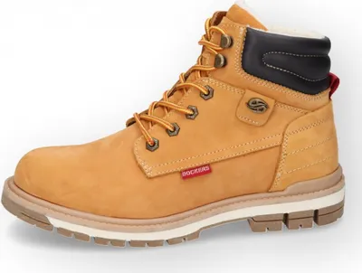 A side view of a tan leather work boot with orange laces.