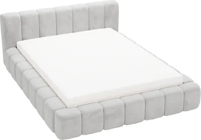A light gray upholstered bed frame with a white mattress on a white background.