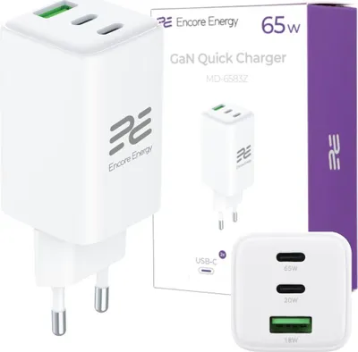 Produktbild von Netzladegerät GaN 65W USB-A + 2x USB-C QC PD Encore Energy MD-6583Z