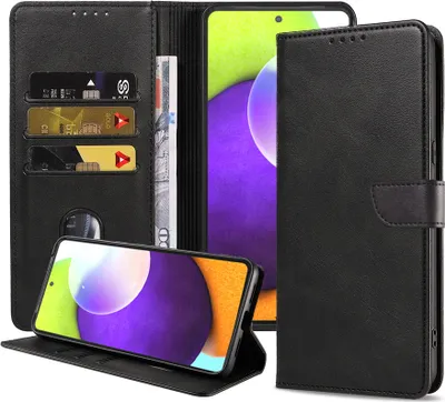 Zdjęcie produktu dla Pasuje do Samsung Galaxy A52 Etui na telefon ze sztucznej skóry z magnetyczną wargą i uchwytem na karty Etui z klapką - Czarny - Smartphonics