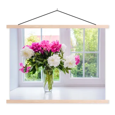 Produktbild von MuchoWow® Textilposter Blumen - Pfingstrosen - Vase 120x90 cm mit holzfarbenen Rahmen - Magnetisch