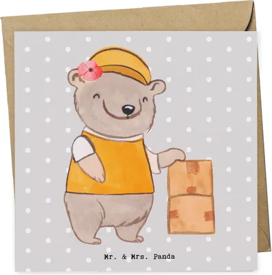 Produktbild von Mr. & Mrs. Panda Grußkarte Paketzustellerin Herz - Grau Pastell - Geschenk, Glückwunschkarte, doppelkarte, Paketbotin, anlasskarte, Klappkarte, Zustellservice Pakete