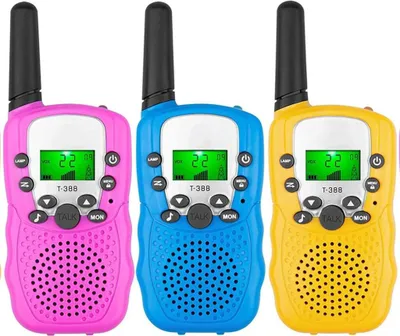 Three colorful walkie-talkies are displayed side-by-side against a white background.