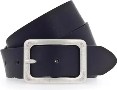 A close-up studio shot of a dark blue leather belt with a silver buckle.