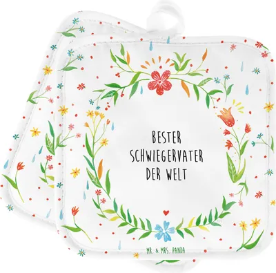Produktbild von Mr. & Mrs. Panda Topflappen Schwiegervater - Geschenk, Geburtstag, Kleinigkeit, topfhalter, Topfuntersetzer, Eltern, Set, Schwiegertochter, angeheiratet, Ofenlappen