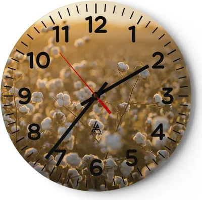 Produktbild von Wanduhr - Rund - Glasuhr - Baumwolle Feld Acker - 40x40cm - Schleichendes Uhrwerk - Lautlos - zum Aufhängen bereit - Dekoration Modern - Wanddekoration aus Glas - C4AR40x40-4299