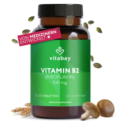 Produktbild von Vitabay Vitamin B2 (Riboflavin) | 200 vegane Tabletten | Hochdosiert mit 100 mg | Labor & hergestellt aus hochwertigen Rohstoffen