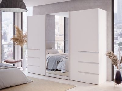 Schwebetürenschrank - 270 x 201 cm - 6 Schubladen - Weiß matt - mit Spiegel